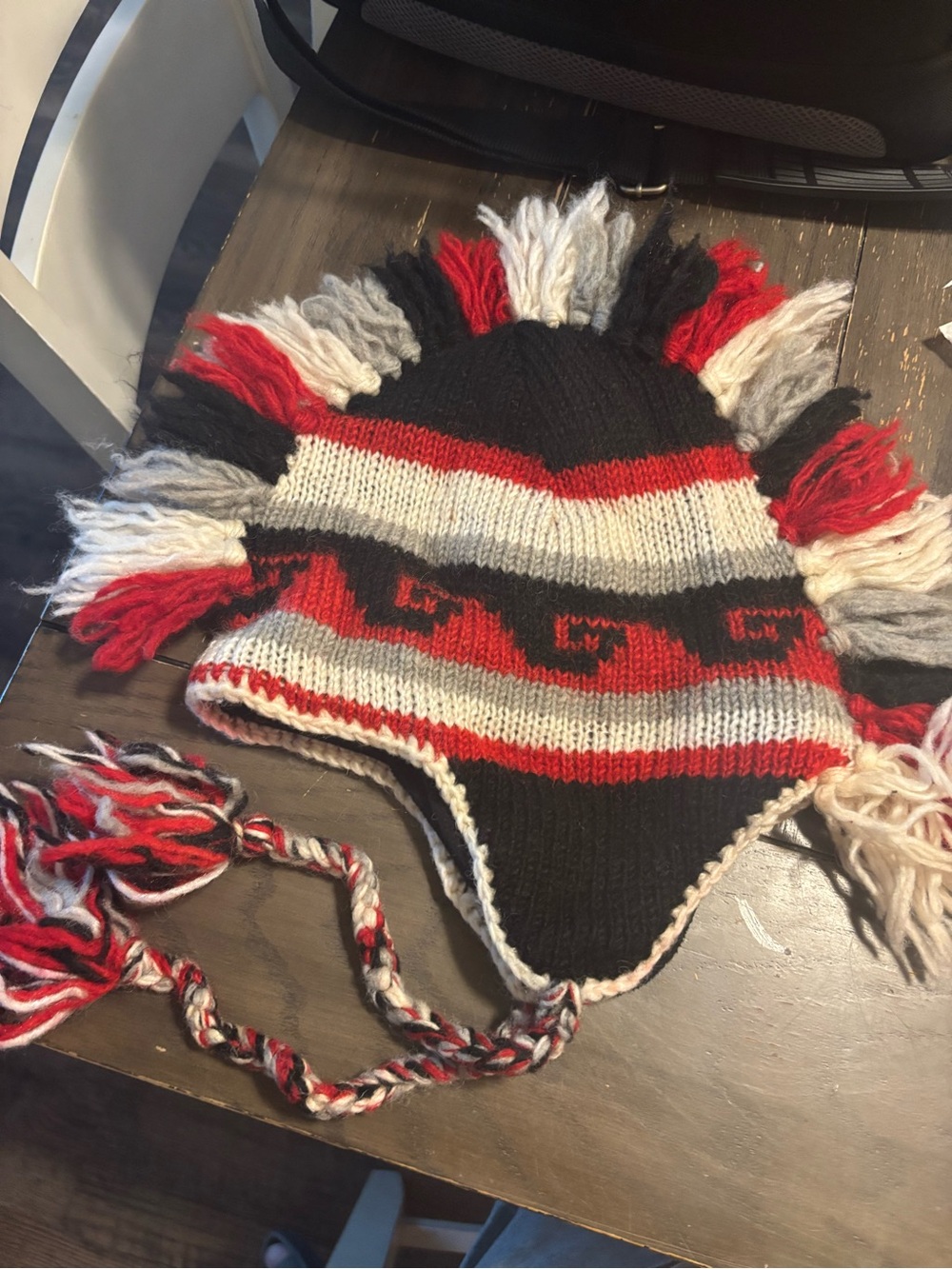 Red, Black & White Knit Earflap Hat with Mohawk Tassels